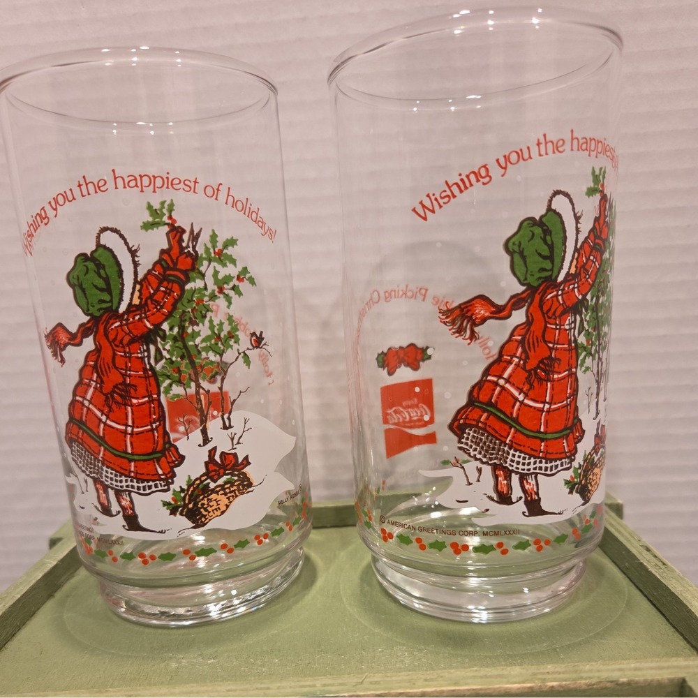 2 Vintage 1982 Holly Hobbie Coca Cola Christmas Glasses American Greetings